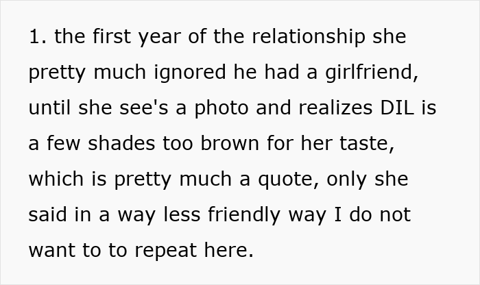 Text describing racist MIL disliking daughter-in-law's skin tone Text describing racist MIL disliking daughter-in-law's skin tone