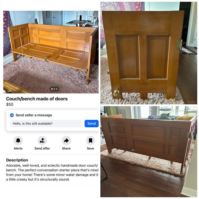 Handmade couch bench made from wooden doors for sale