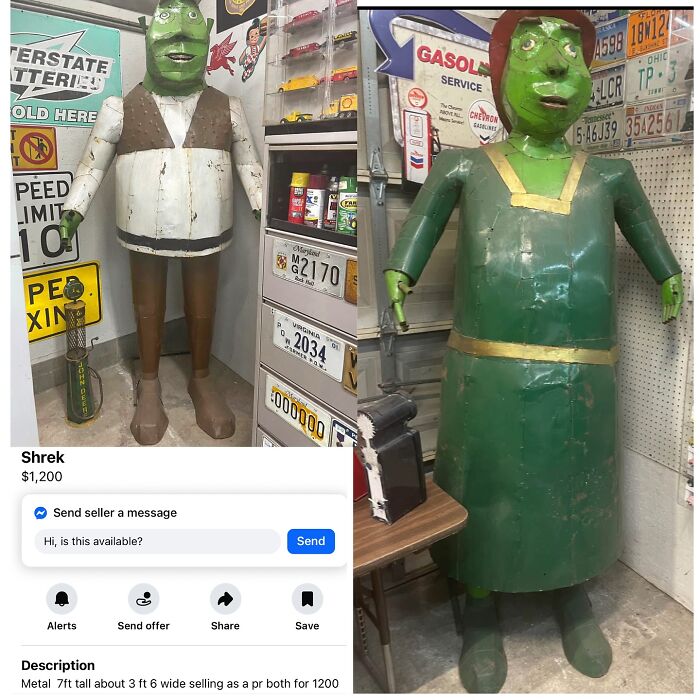 Metal Shrek statues seven feet tall offered on Facebook Marketplace