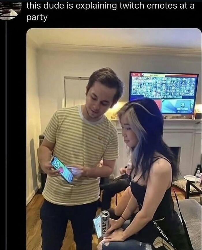 Man explaining Twitch emotes to a woman at a party