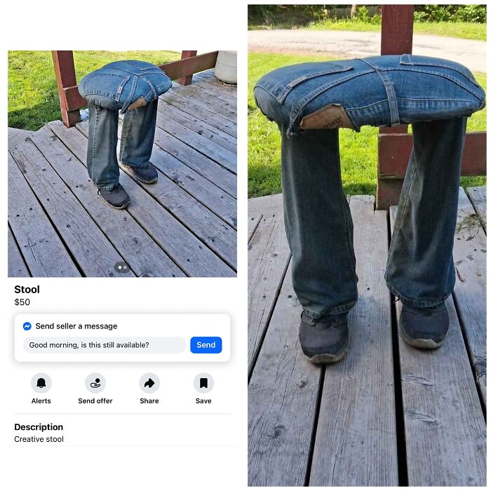 Creative stool designed to look like a pair of jeans and shoes