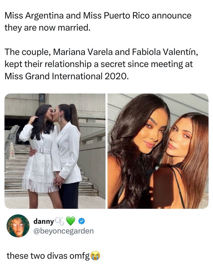 Two photos of Miss Argentina and Miss Puerto Rico announcing marriage with caption