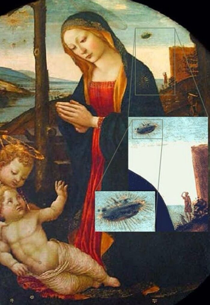 Renaissance painting highlighting an unknown object resembling a UFO in the sky