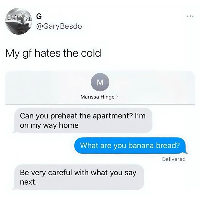 Text exchange about preheating apartment for cold weather