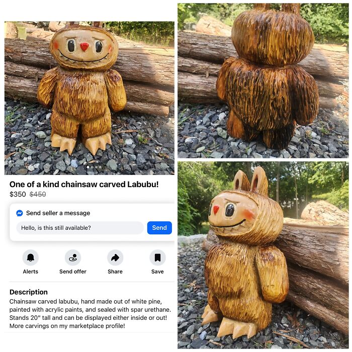 Chainsaw carved Labubu wooden figure hand painted with acrylic