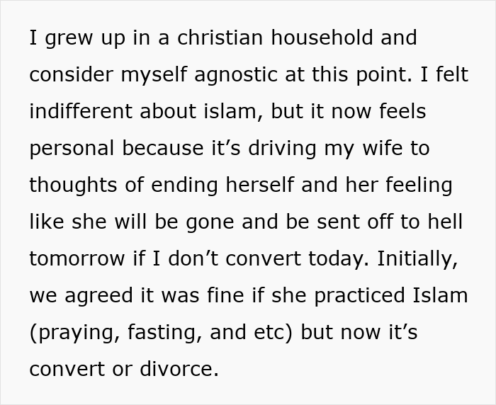 Text detailing a husband's anguish as his wife becomes Muslim overnight, demanding he convert or face divorce.