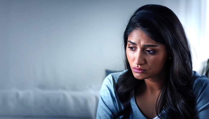 Worried woman sitting indoors looking down, reflecting family event ban reason Worried woman sitting indoors looking down, reflecting family event ban reason