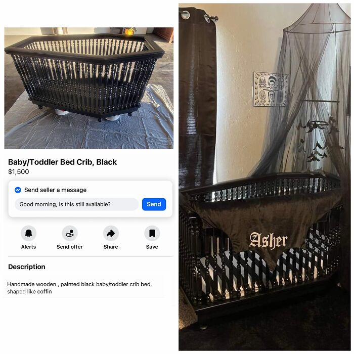 Black wooden baby crib shaped like a coffin for toddlers