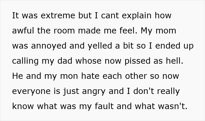 Text from a story, describing how a sibling felt after room redecoration, leading to anger and confusion.