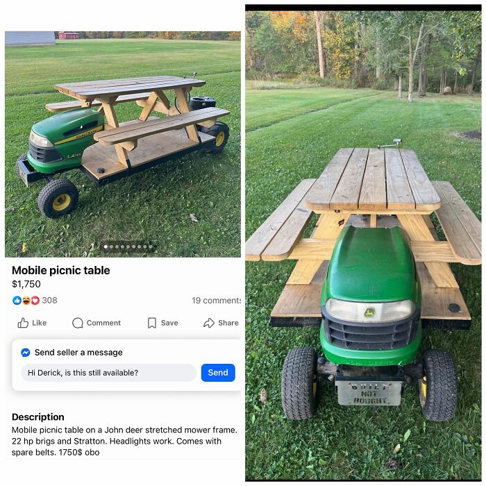 Mobile picnic table built on a John Deere mower frame for sale