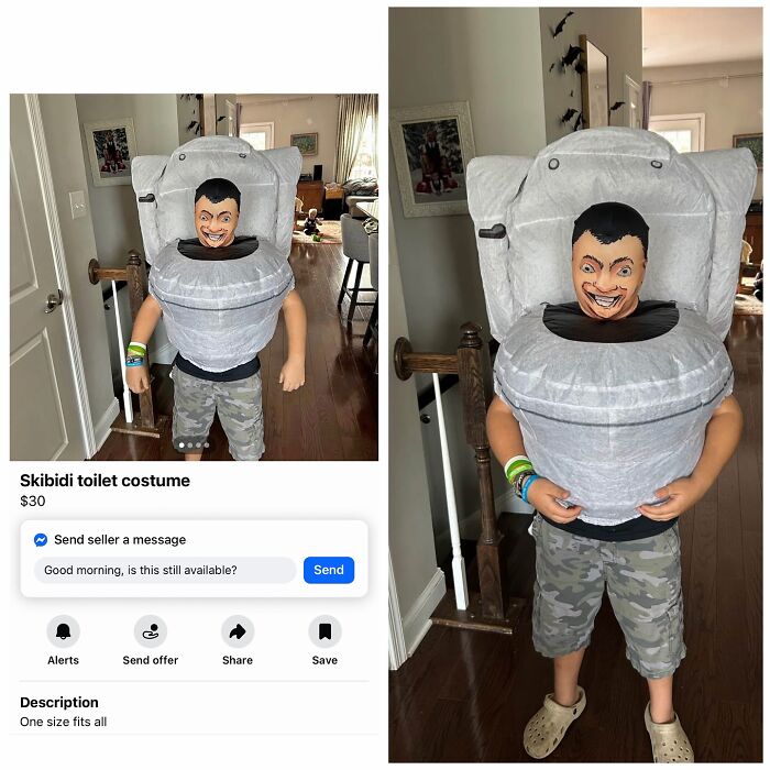 Child wearing funny Skibidi toilet costume sold on Facebook Marketplace