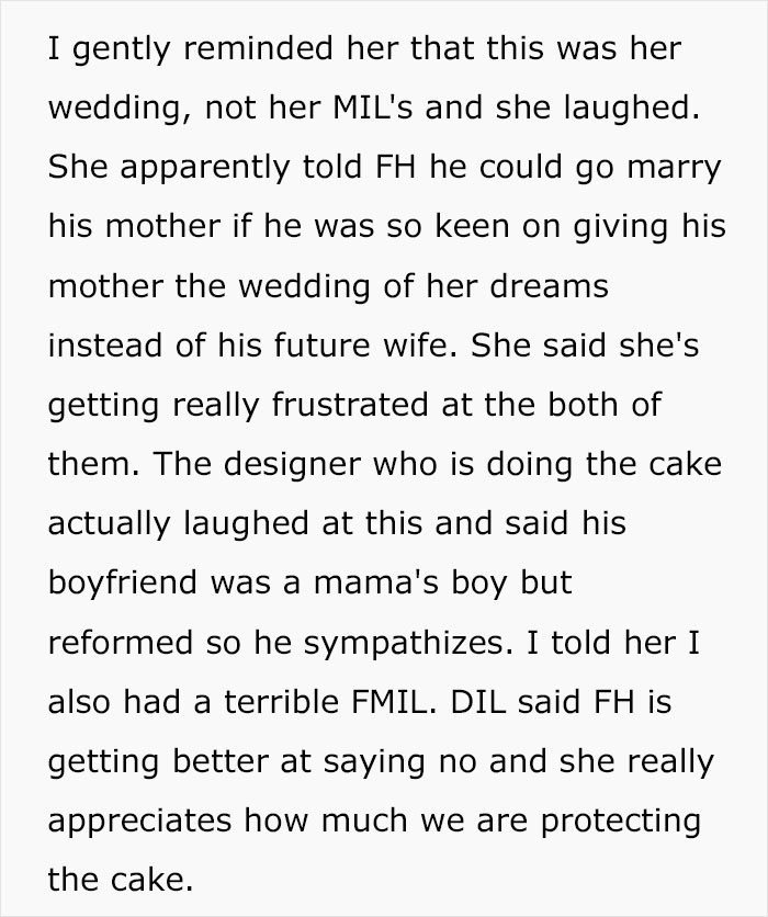 Future daughter-in-law expresses frustration and support about wedding cake conflict with mother-in-law Future daughter-in-law expresses frustration and support about wedding cake conflict with mother-in-law