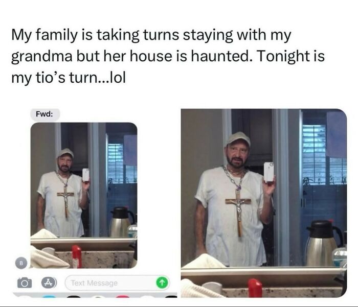 Random meme about family taking turns staying in a haunted grandma house