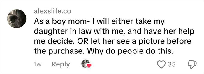 A comment from a boy mom about including the daughter-in-law in wedding dress decisions to avoid offense. A comment from a boy mom about including the daughter-in-law in wedding dress decisions to avoid offense.