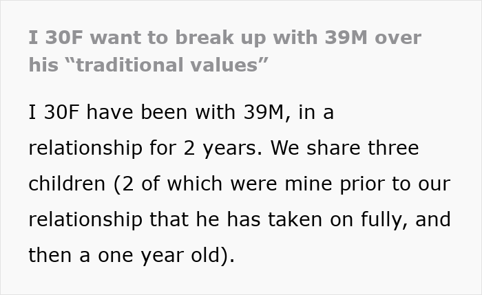 Text about breaking up over traditional values and shared children in relationship