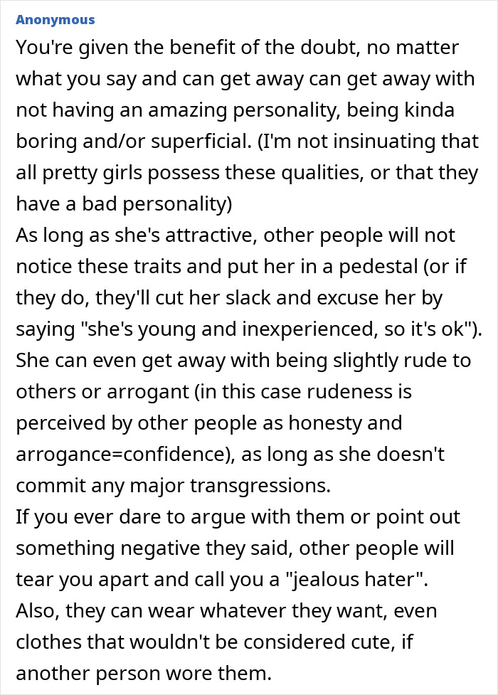 Explanation of pretty privilege allowing leniency despite personality flaws