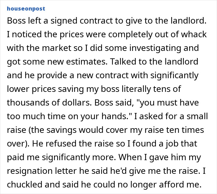 Boss refuses raise despite saving tens of thousands with new contract