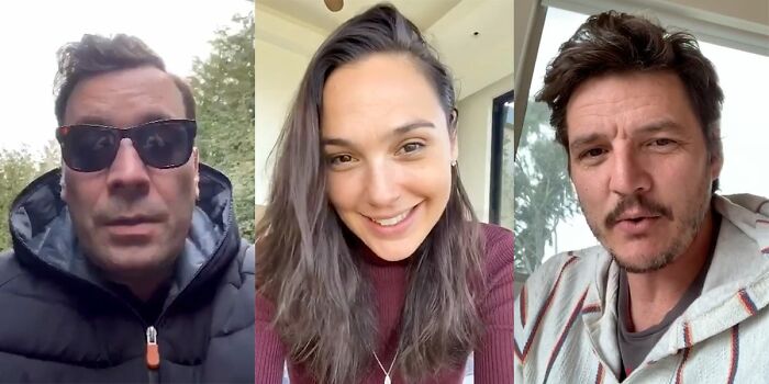 Jimmy Fallon, Gal Gadot, and Pedro Pascal on a split screen, possibly reacting to second-hand embarrassment.