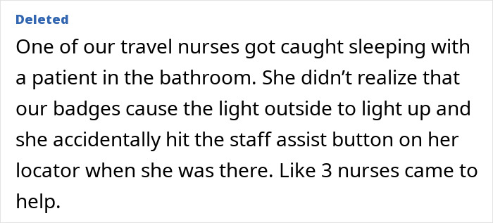 Travel nurse caught with patient triggered staff assist in office drama story