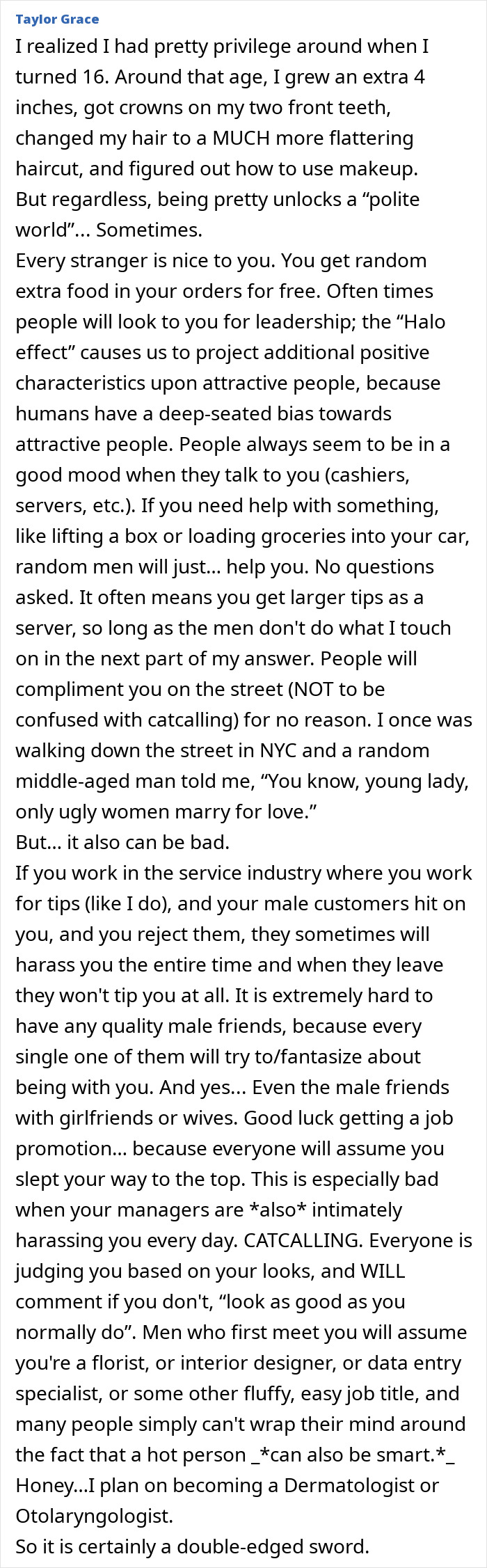 Detailed story explaining the pros and cons of pretty privilege in daily life