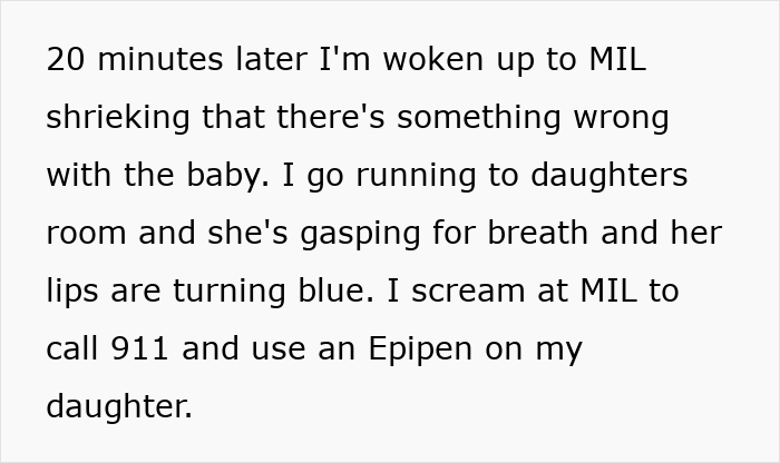 Text: MIL realizes grandkids allergies are real as the child gasps for breath. Grandkid's allergies lead to ER visit.
