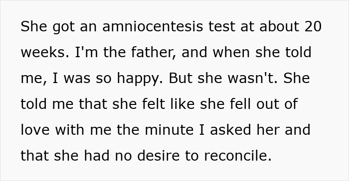Wife took amniocentesis confirming paternity but lost love Wife took amniocentesis confirming paternity but lost love