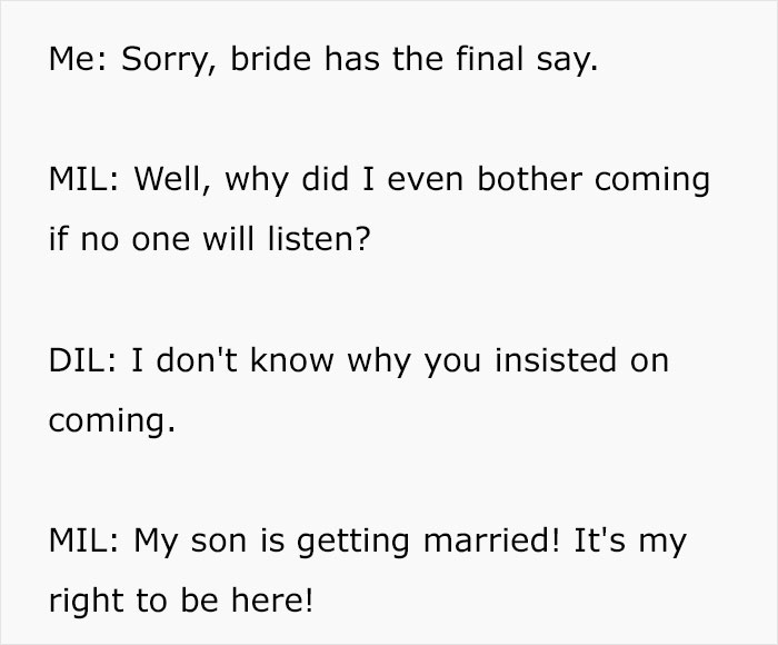Text showing tension between mother-in-law and daughter-in-law over wedding plans Text showing tension between mother-in-law and daughter-in-law over wedding plans