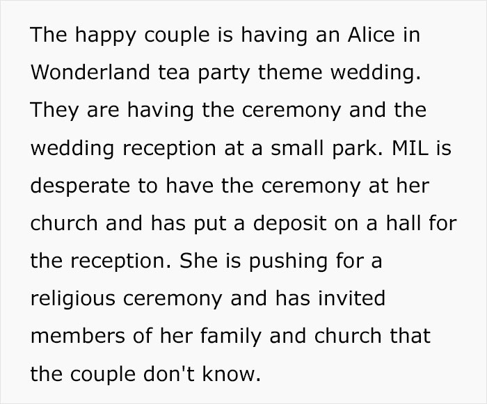 Description of Alice in Wonderland themed wedding ceremony and reception conflict over venue and guest list Description of Alice in Wonderland themed wedding ceremony and reception conflict over venue and guest list