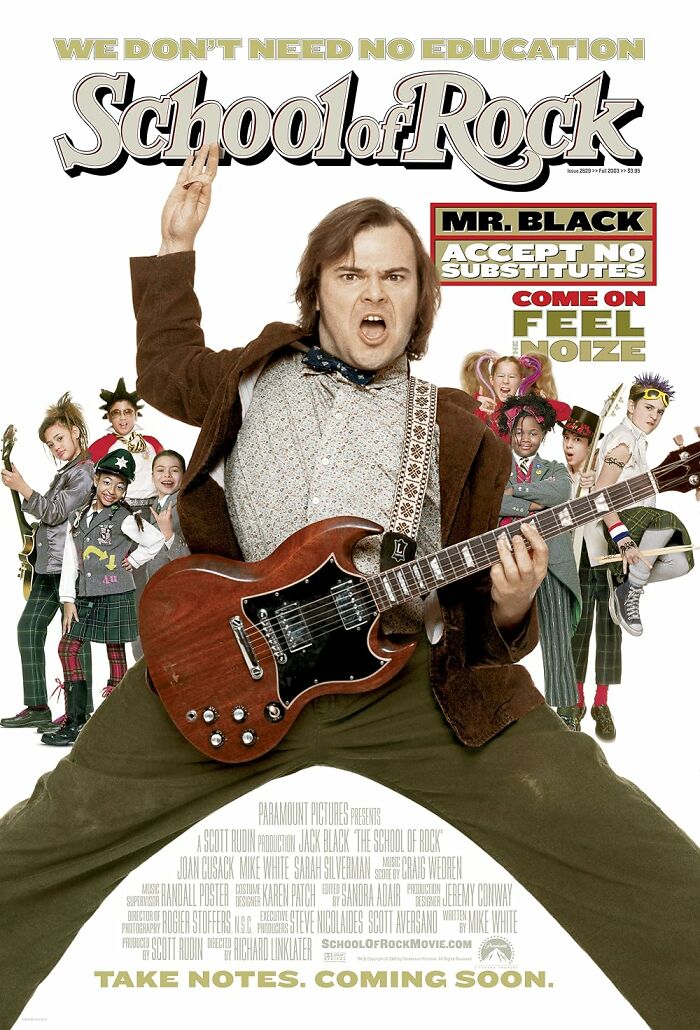 School of Rock movie poster featuring Jack Black with guitar and kids