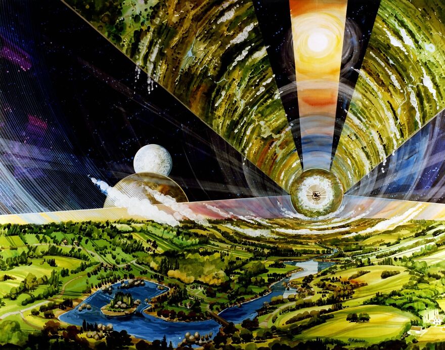 Artistic depiction of a space habitat with lush greenery and advanced solar technology