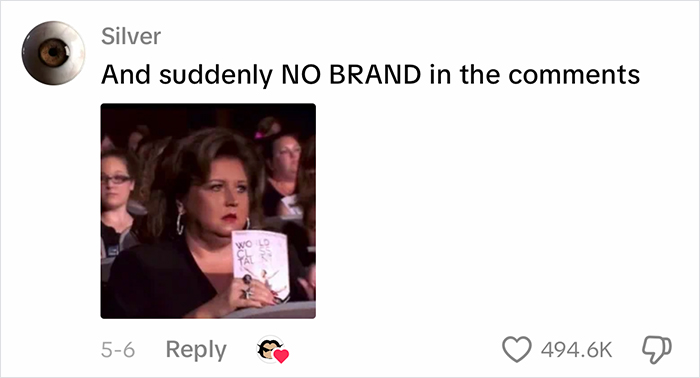Meme image showing woman reacting to lack of brands in comments Meme image showing woman reacting to lack of brands in comments