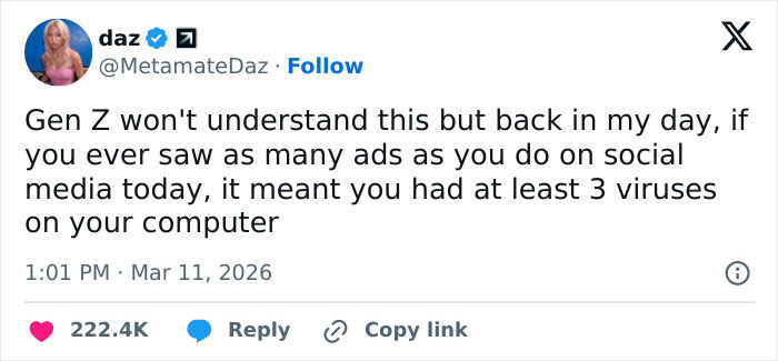 Tweet about Gen Z ads and old virus-laden computers meme