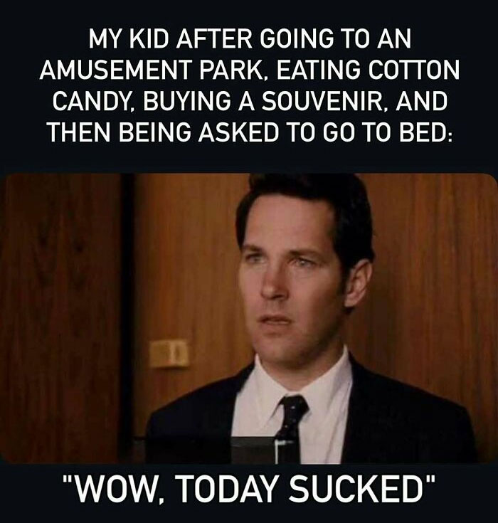 Meme of kid unhappy after amusement park fun with cotton candy and souvenir
