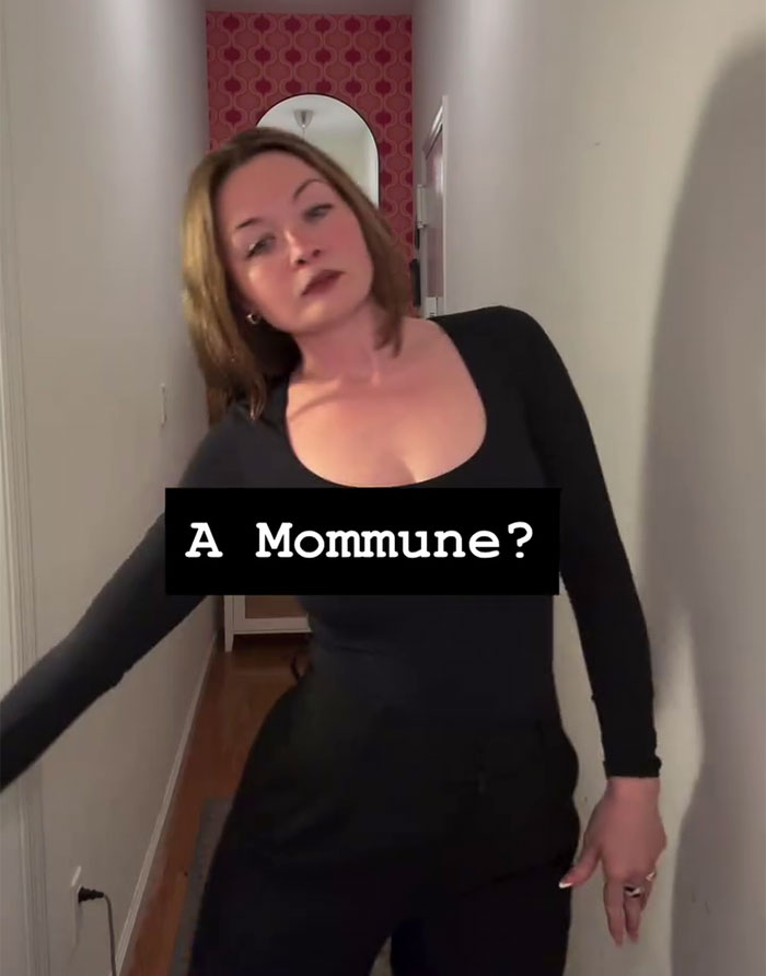 Woman in black top with text overlay about a mommune idea Woman in black top with text overlay about a mommune idea