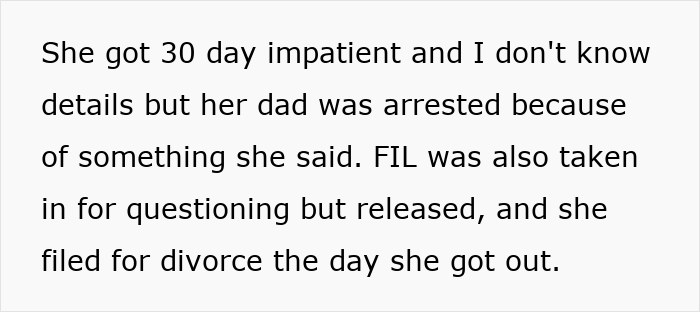 Text about MIL's mental health treatment and family legal issues