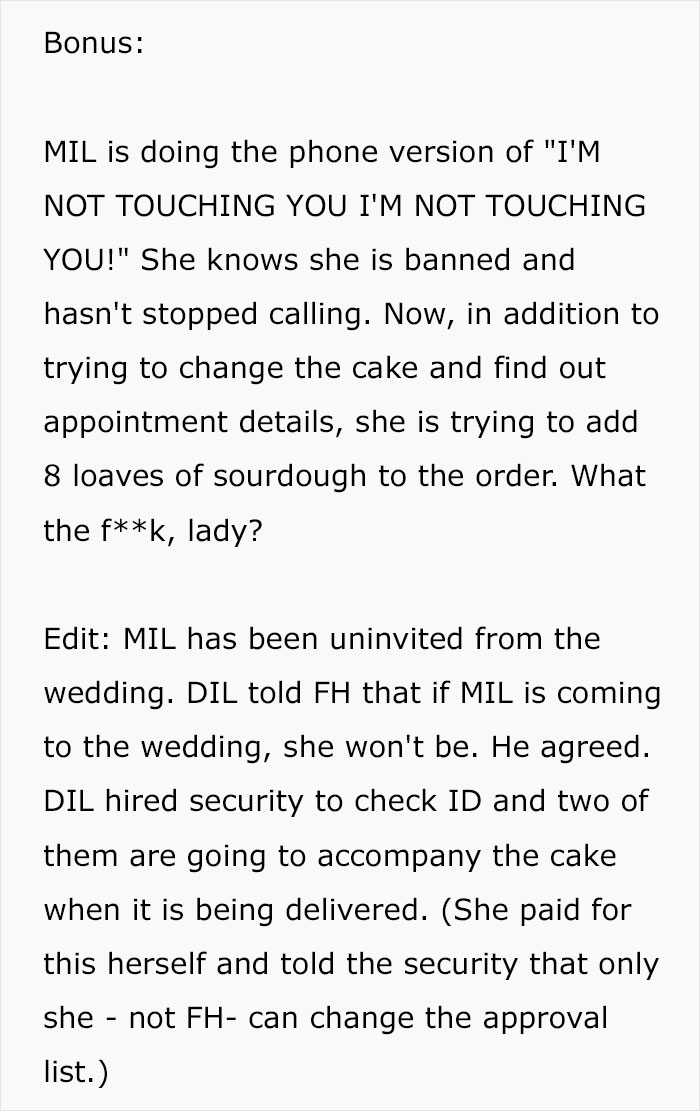 Mother-in-law repeatedly calls bakery to change wedding cake order and add sourdough loaves Mother-in-law repeatedly calls bakery to change wedding cake order and add sourdough loaves