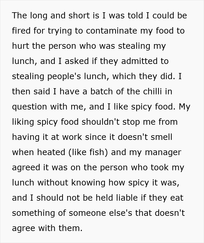 Text outlining an Office Food Thief dilemma, specifically about a ghost pepper chili incident and potential firing. Text outlining an Office Food Thief dilemma, specifically about a ghost pepper chili incident and potential firing.