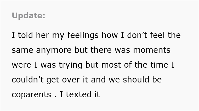 A text update: a guy shares how he told his ex he doesn't love her anymore, breaking her heart after her affair. A text update: a guy shares how he told his ex he doesn't love her anymore, breaking her heart after her affair.