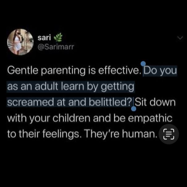 A tweet from @Sarimarr discussing gentle parenting: a positive post for when you are feeling down.
