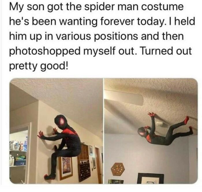 Child in Spider-Man costume photoshopped to look like climbing wall random funny meme