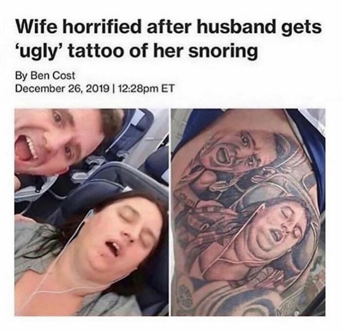 Man takes selfie next to wife sleeping with ugly snoring tattoo funny meme