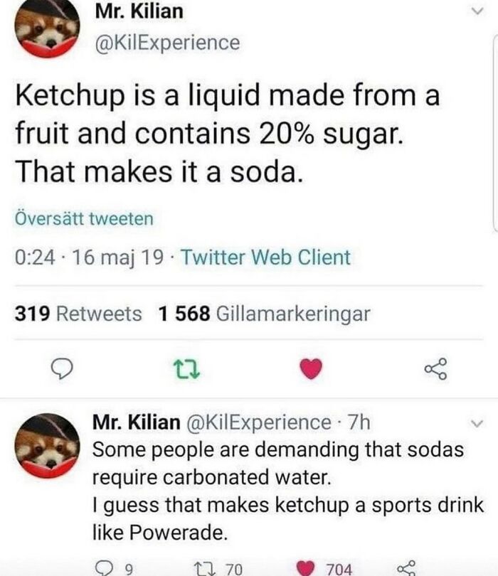 Tweet claiming ketchup is soda due to sugar content funny random meme
