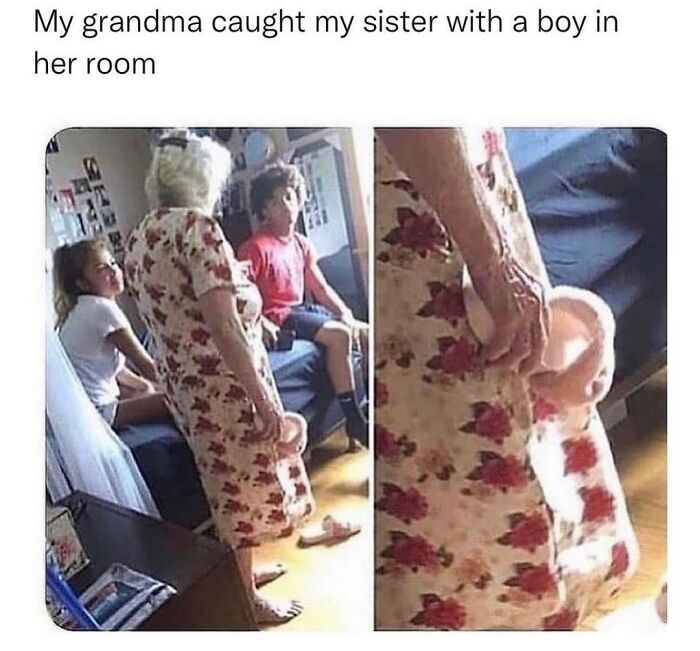 Grandma surprises kids in room holding large pacifier random funny meme