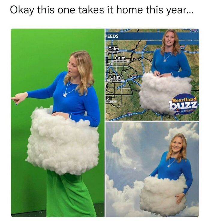 Weather reporter wearing cloud costume on green screen random funny meme