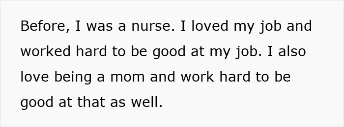 Text about loving nursing job and being dedicated mom