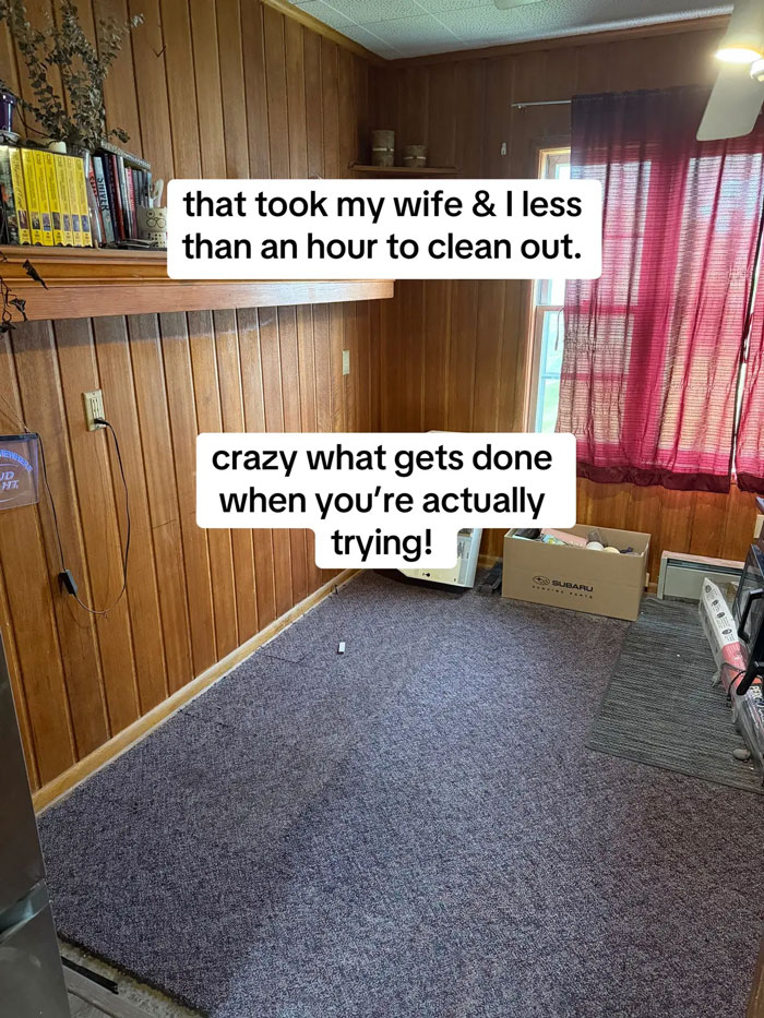 A cleaned room with wood paneling and red curtains, contrasting with the previous mess left by an expensive contractor.