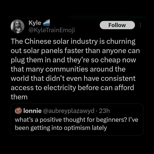 A social media post about cheap solar panels, responding to a question about positive thoughts. Might make your day!
