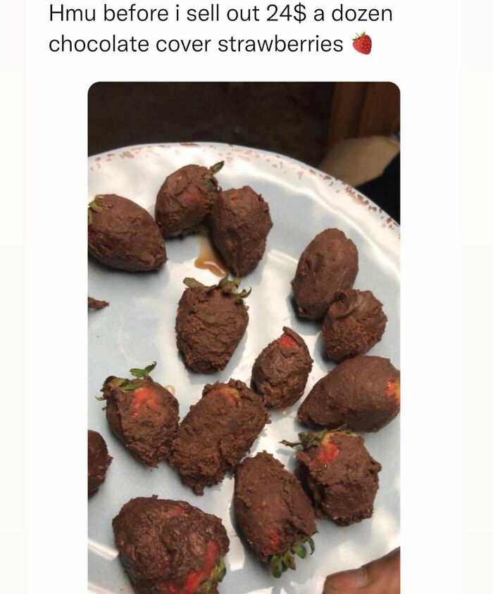 Random memes featuring poorly made chocolate covered strawberries prank