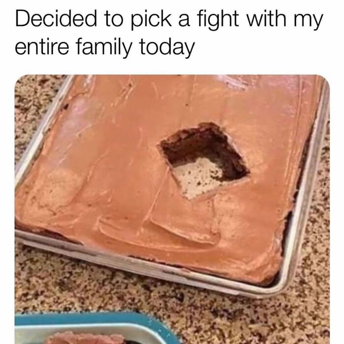 Random memes chocolate cake with a square piece missing, picking a fight with family