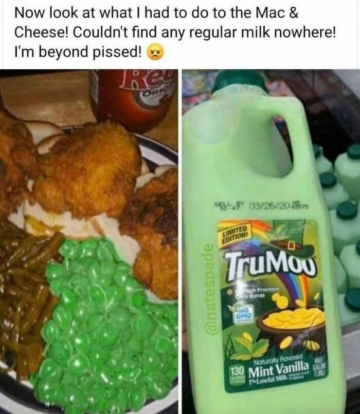 Funny random meme with mint vanilla milk and green mac and cheese meal